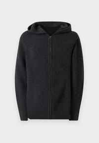 Mørkegrå hettegensere med glidelås laget av ribbestrikket stoff. Har hette og et enkelt design uten tilleggsmønstre eller aksenter.
