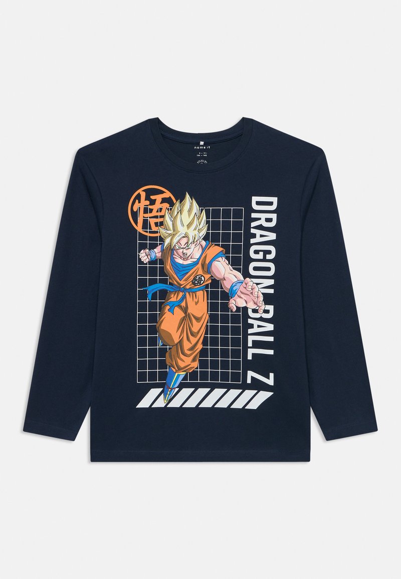 Mornarska majica dugih rukava od pamuka s grafikom lika iz Dragon Ball Z u narančastoj i plavoj boji s pozadinom u obliku mreže.