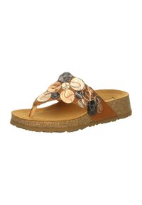 Cork flip-flop sandal featuring a brown textured strap adorned with metallic disc accents in copper, silver, and bronze tones.