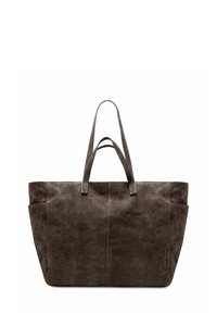 Czarna torba zamszowa w kolorze ciemnego brązu, z podwójnymi uchwytami i bocznymi kieszeniami, o prostym, przestronnym prostokątnym kształcie.