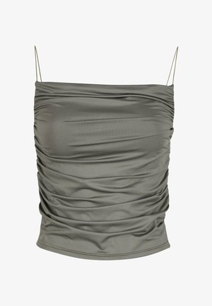 Roheline, varusteta topp õhukeste triipudega, millel on kogutud kangas rindade ümber ja sile pind, loodud sobitunud silueti saavutamiseks.