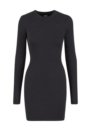 Sort langærmet kjole lavet af glat stof, tætsiddende silhuet, rund halsudskæring og længde over knæene, uden yderligere mønstre eller detaljer.