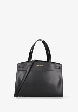 Zwarte leren handtas met dubbele handgrepen en een afneembare schouderband. Heeft een gouden branding en een strakke, gestructureerde uitstraling.
