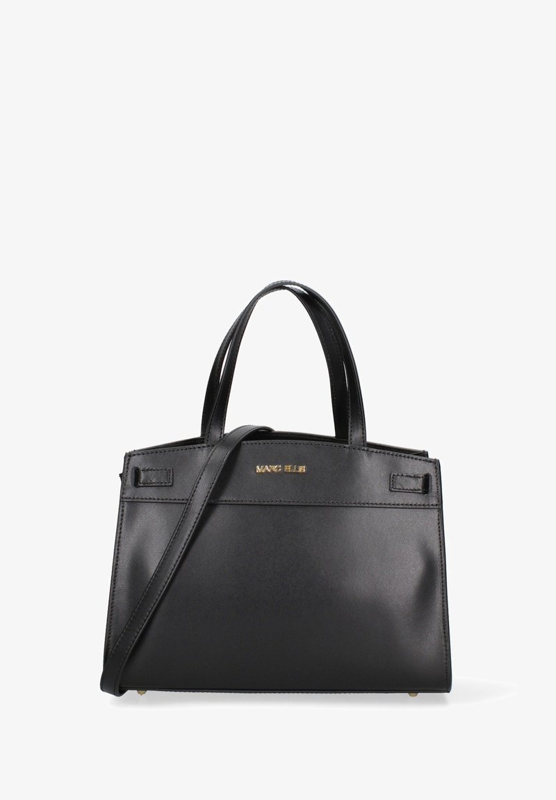 Zwarte leren handtas met dubbele handgrepen en een afneembare schouderband. Heeft een gouden branding en een strakke, gestructureerde uitstraling.