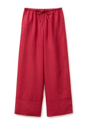 Czerwone lniane spodnie o szerokich nogawkach z elastycznym pasem i sznurkiem, z dużymi mankietami i bocznymi kieszeniami.