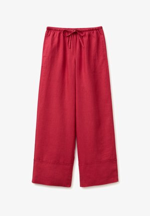 Pantalon large en lin rouge avec taille élastique et cordon, avec larges poignets et poches latérales.