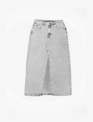 Gray denim skirt with a front slit, high waist, five pockets, and stitched detailing. Flat hem with light distressing. Classic design.