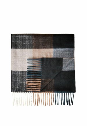 Wolldecke mit einem Patchwork-Design in Dunkelgrau, Beige und Hellblau, umrandet mit Fransen in verschiedenen Brauntönen und Creme.