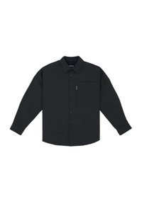 Zwarte langemouwen shirt van gestructureerde stof, met een kraag, knoopsluiting aan de voorkant, één borstzak en manchetten.
