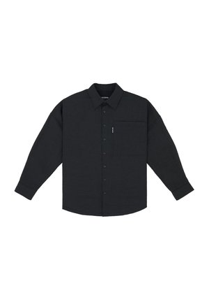 Black long-sleeve shirt made of textured fabric, featuring a collar, button front, single chest pocket, and cuffed sleeves.