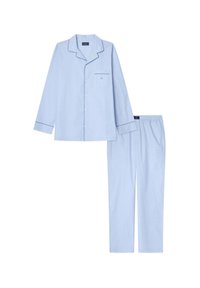 Hellblaues Baumwoll-Schlafanzugset mit langärmligem, knöpfbarem Oberteil mit Tasche und passender Hose mit elastischem Bund. Navyfarbene Akzente.