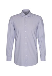 Chemise habillée pour homme à manches longues avec rayures verticales bleu et blanc, patte de boutonnage à l'avant et col classique.
