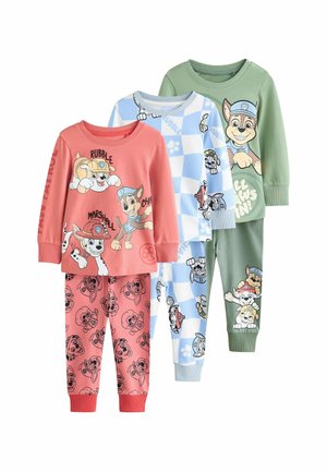 Three pairs of children's pajamas, featuring Paw Patrol characters in coral, light blue checkered, and green sets with long sleeves and pants.