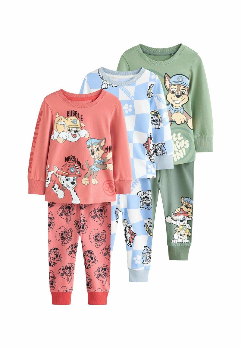 Three pairs of children's pajamas, featuring Paw Patrol characters in coral, light blue checkered, and green sets with long sleeves and pants.
