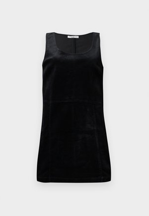 Black sleeveless top made from ribbed fabric. Features a scooped neckline and a fitted silhouette with vertical seam detailing.