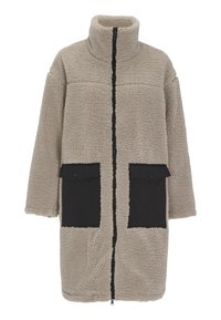 Beige faux shearling coat with a high collar, full zip, and two black snap-button pockets on the front. Soft texture with oversized design.