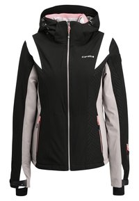 Veste softshell noire et grise avec des accents de fermeture éclair roses, une capuche et des manches longues, conçue pour le froid par Icepeak.