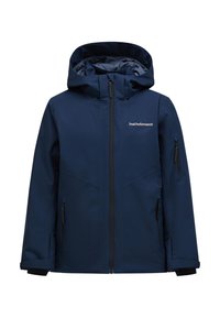 Marineblaue wasserdichte Jacke mit Kapuze, Frontreißverschluss und Logo auf der Brust. Sie verfügt über zwei seitliche Reißverschlusstaschen und besteht aus strapazierfähigem synthetischem Material.