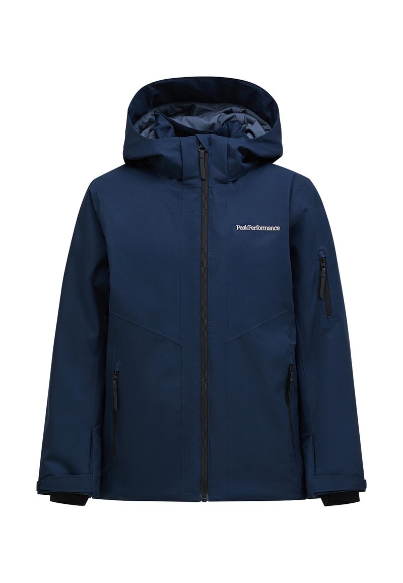 Marineblaue wasserdichte Jacke mit Kapuze, Frontreißverschluss und Logo auf der Brust. Sie verfügt über zwei seitliche Reißverschlusstaschen und besteht aus strapazierfähigem synthetischem Material.