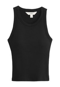 Zwarte geribbelde tanktop met een ronde halslijn en brede schouderbanden. De stof is rekbaar, wat zorgt voor een nauwsluitende silhouet. Label zichtbaar aan de binnenkant.
