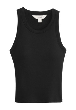 Schwarzes Rippenshirt mit Rundhalsausschnitt und breiten Schulterträgern. Der Stoff ist dehnbar und schafft eine figurbetonte Silhouette. Etikett im Inneren sichtbar.