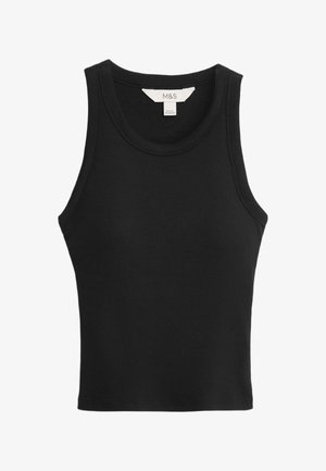 Svart ribbad linne med rund halsringning och breda axelremmar. Tyget är stretchigt, vilket skapar en åtsittande silhuett. Etikett synlig på insidan.