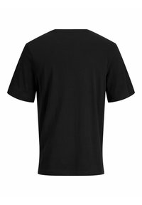 Jednofarebné čierne tričko s krátkym rukávom a okrúhlym výstrihom zobrazené zozadu na bielom pozadí.