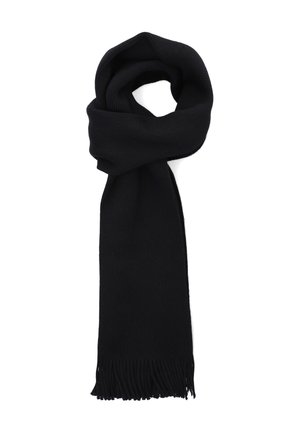 Czarny szalik z dzianiny, o prostokątnym kształcie i frędzlami na końcach. Gładka tekstura o jednolitej kolorystyce.