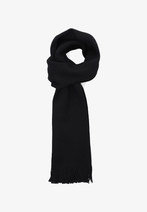Czarny szalik z dzianiny, o prostokątnym kształcie i frędzlami na końcach. Gładka tekstura o jednolitej kolorystyce.