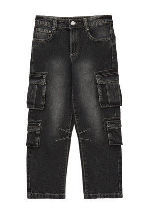 Pantalons cargo en denim noir avec cinq poches, coupe ample et couture visible. Comprend des poches latérales avec rabats et une fermeture à bouton.