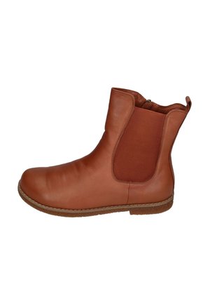 Brauner Knöchelkurzstiefel aus Leder mit glatter Oberfläche, elastischen Seiteneinsätzen und einer strukturierten Sohle für besseren Halt. Reißverschluss-Detail an der Rückseite.