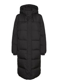 Manteau long noir rembourré avec capuche, présentant une coupe droite, des poignets élastiques et des poches avant. Texture lisse avec des coutures horizontales.