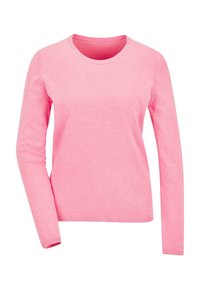 Rosa Langarmpullover aus weichem Material. Hat einen Rundhalsausschnitt und gerippte Bündchen sowie Saum. Glatte Textur, minimalistisches Design.