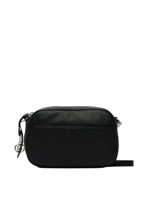 Petit sac bandoulière en cuir noir à texture grainée, fermeture éclair, sangle latérale et ferrures métalliques argentées sur fond blanc.