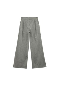 Pantalones de pierna ancha gris, confeccionados con una tela suave. Cuentan con pliegues en la cinturilla y una cómoda banda elástica. Sin bolsillos visibles.