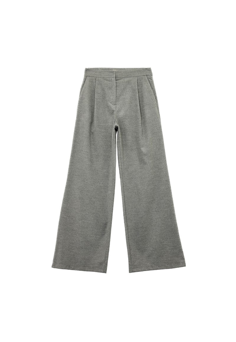 Pantalones de pierna ancha gris, confeccionados con una tela suave. Cuentan con pliegues en la cinturilla y una cómoda banda elástica. Sin bolsillos visibles.