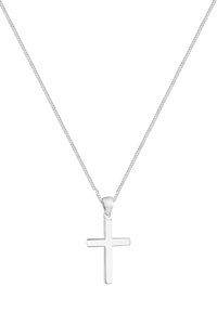 Ezüst keresztmedál vékony, texturált láncon. A kereszt polírozott felületű és egyszerű, geometriai mintával díszített.