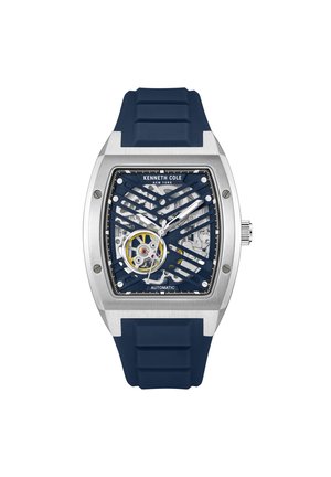Blauwe siliconen horlogeband met een zilveren roestvrijstalen kast, openwerk-dial en complexe mechanische beweging. Kenmerkt zich door het Kenneth Cole-merk.