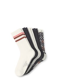 Sechser-Set Socken: eine weiße mit rosa und braunen Streifen, fünf in dunklen Farbtönen, wobei eine ein Zebramuster aufweist. Material aus Baumwollmischung.