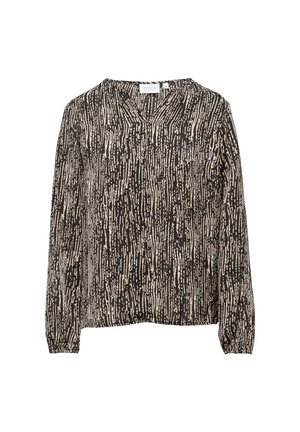 Bluzka z długim rękawem w kolorze czarnym i kremowym, z teksturowanym wzorem pionowych pasków, z dekoltem w kształcie litery V i marszczonymi mankietami.