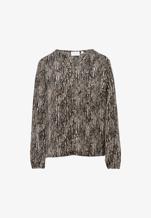 Long-sleeve blouse in black and cream with a textured vertical stripe pattern, featuring a V-neckline and gathered cuffs.