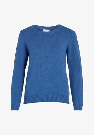 Blauwe gebreide trui met een ronde hals, lange mouwen, ribgebreide manchetten en zoom. Glad textuur, normale pasvorm, geen zichtbare patronen of versieringen.