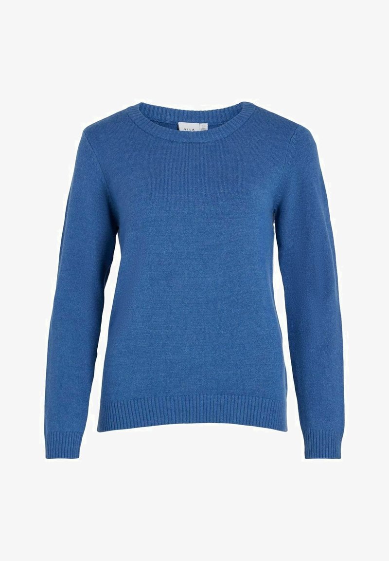 Blå stickad tröja med rund halsringning, långa ärmar, ribbade muddar och nederkant. Slät textur, regular fit, inga synliga mönster eller utsmyckningar.