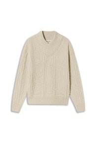 Pull oversized de couleur crème avec un col en V, présentant des motifs texturés et des poignets et un ourlet côtelés. Fabriqué dans un matériau doux et confortable.