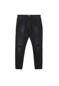 Czarne dżinsy z efektem postarzenia, z przetarciami na przednich udach i postrzępionymi brzegami. Dopasowany krój z klasycznym pięcio-kieszeniowym designem.