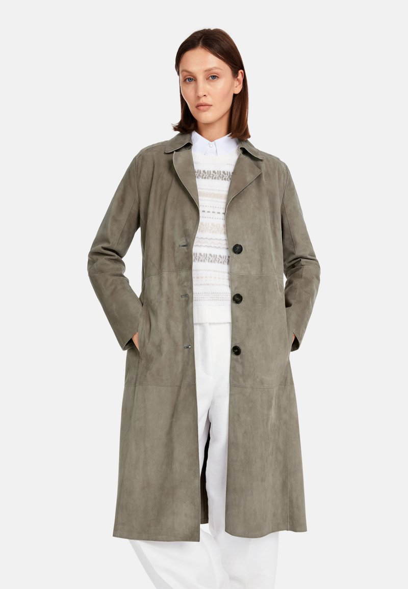 Gray, suede-like long coat with a notched collar, front button closure, side pockets, and smooth texture. Worn over a light, patterned sweater.