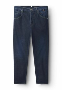Sötétkék farmernadrág, egyenes szabású, öt zsebbel és sárga varrással. Gombos záródással és övpántokkal rendelkezik.