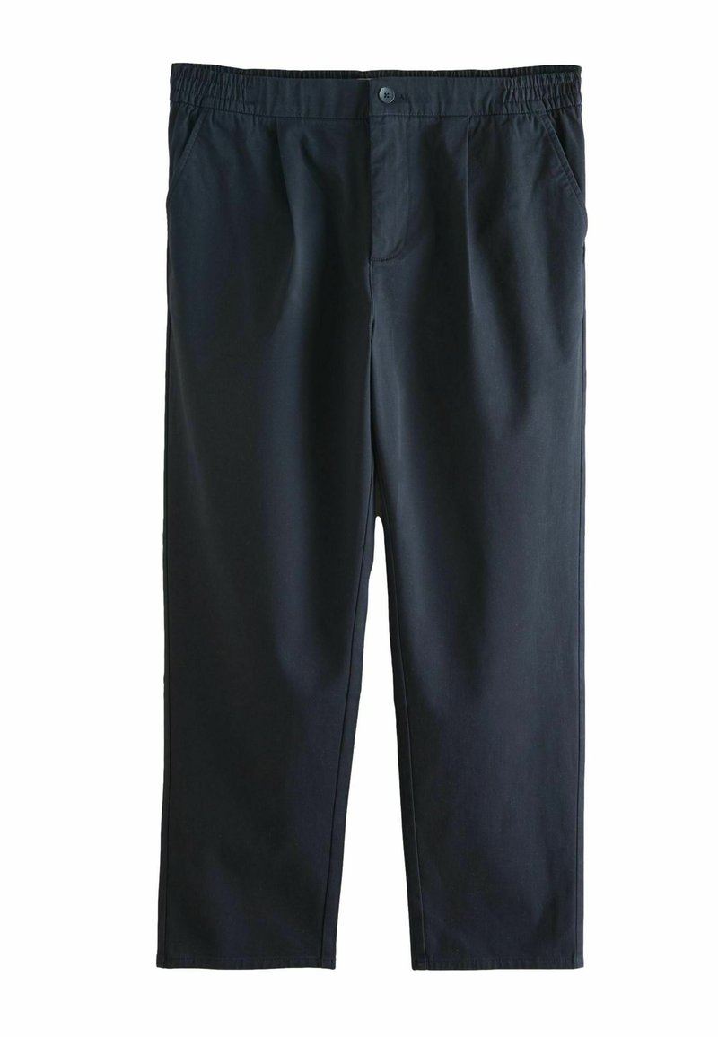 Pantaloni negri dintr-un material neted, cu închidere prin buton, talie elastică și două buzunare laterale. Design cu picior drept.