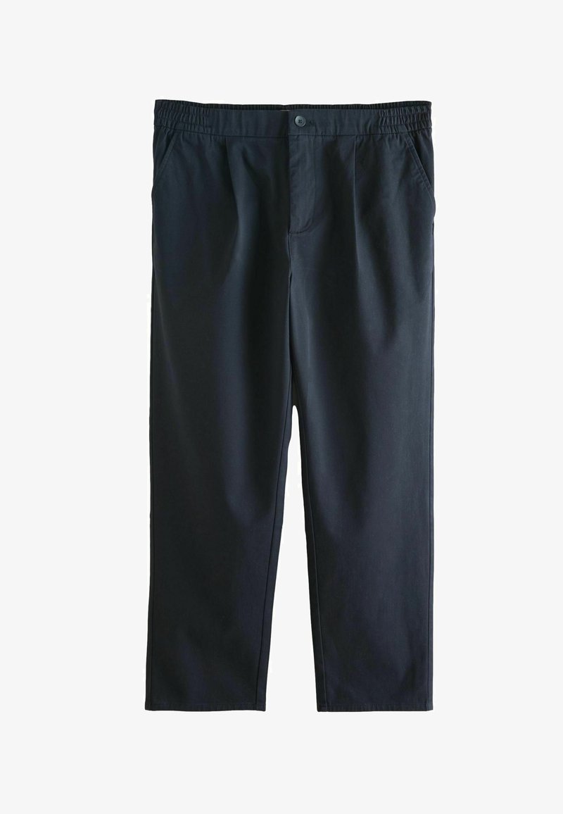 Pantaloni negri dintr-un material neted, cu închidere prin buton, talie elastică și două buzunare laterale. Design cu picior drept.
