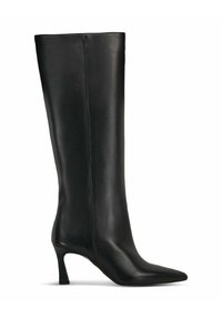Stivale nero in pelle alta fino al ginocchio con punta appuntita e tacco medio, caratterizzato da una superficie liscia e un design elegante. Nessun accento o motivo visibile.
